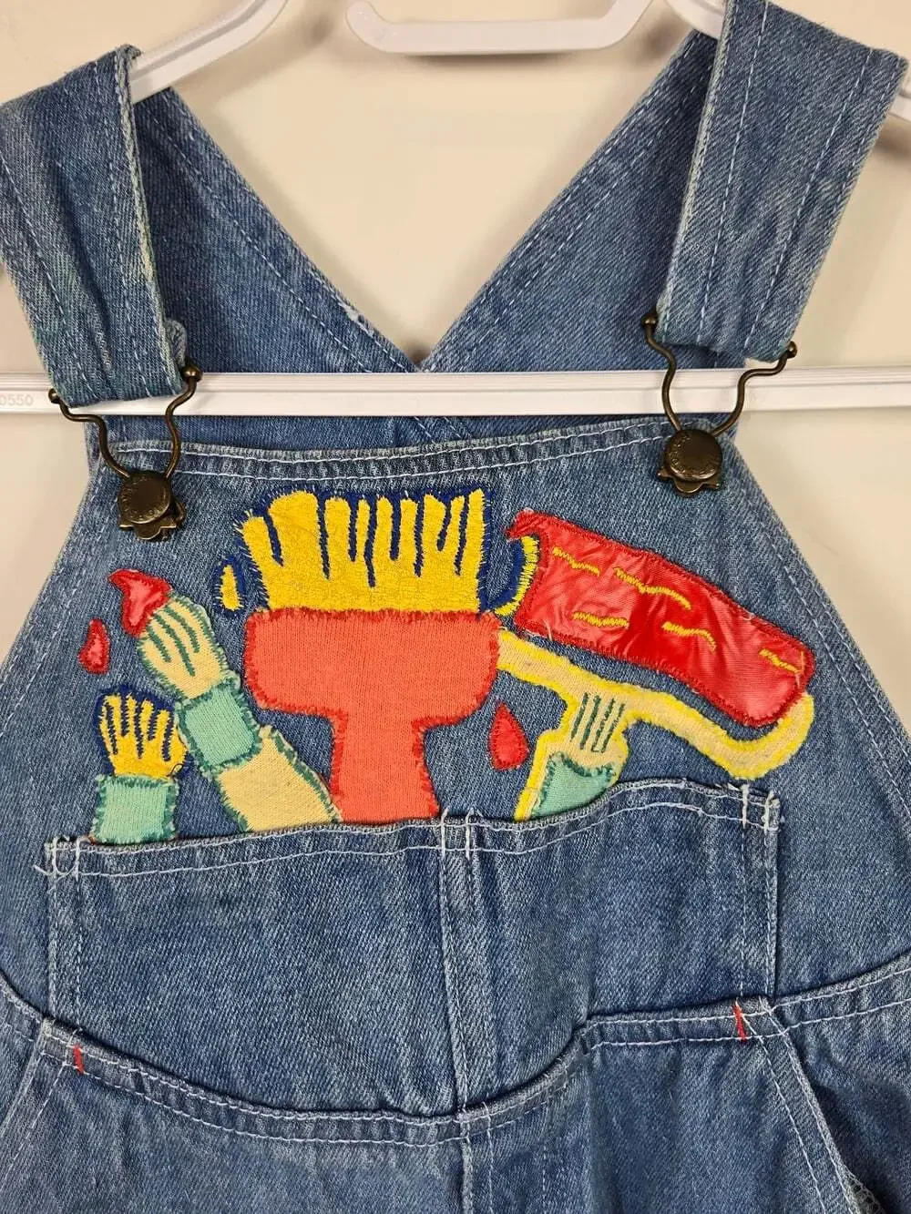 Vintage 90s Denim Overalls 12M Colorful Paint Tool And Brushes Embroidery Baggy